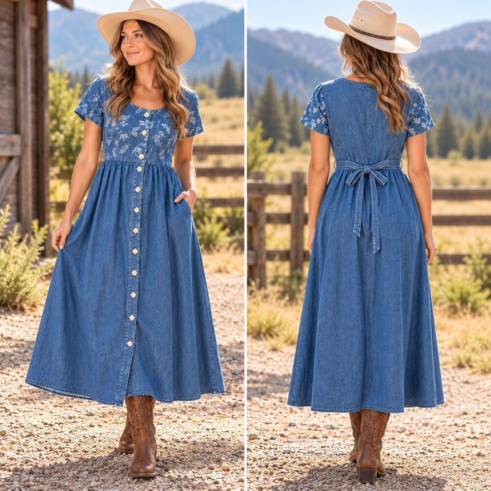 Studio Ease Denim Maxi Dress Womens 6 Blue Floral Button Front Cottagecore Long